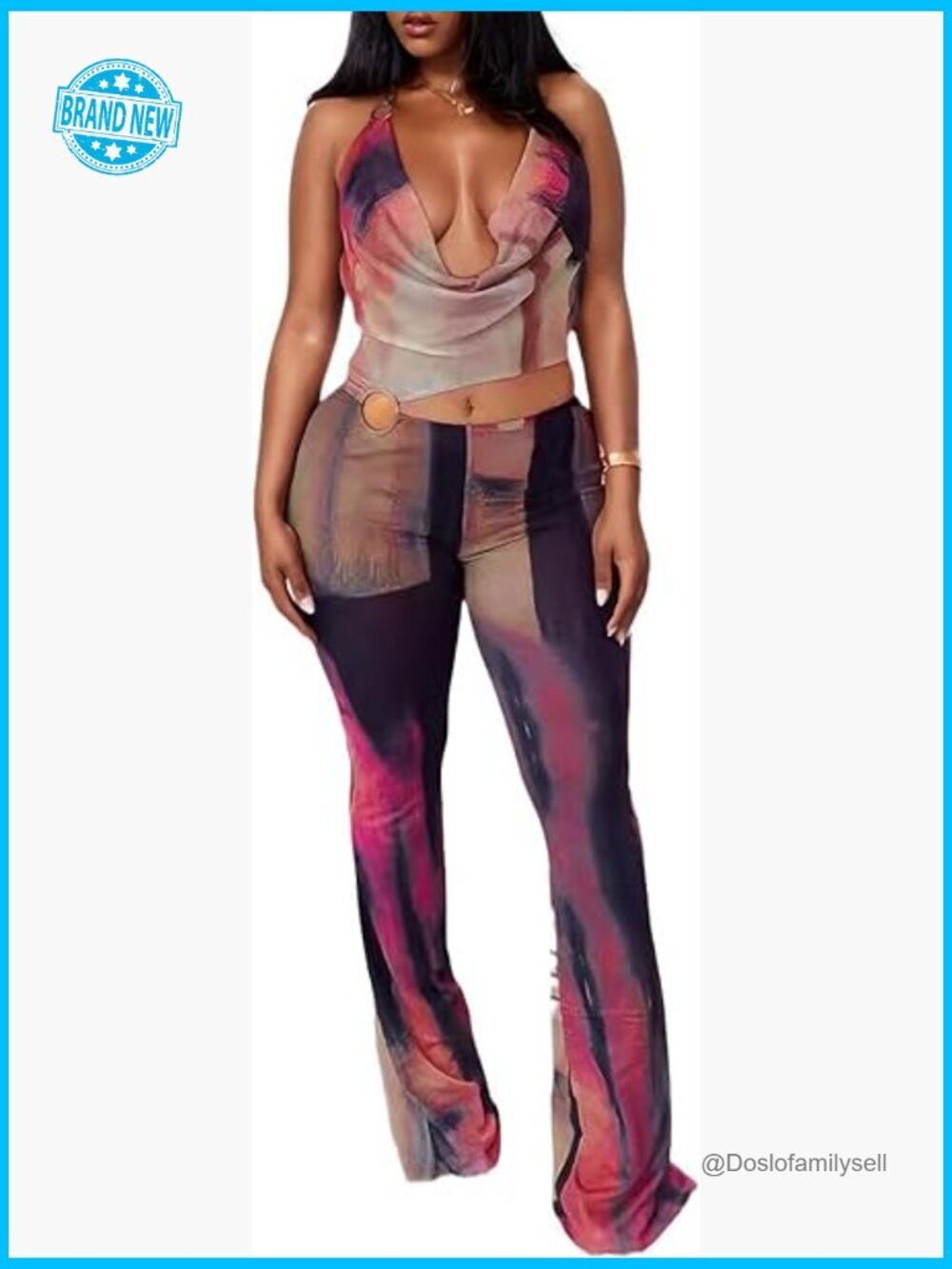 Sexy Mesh Halter Sleeveless Cut Out Tie Dye Jumpsuit Party Clubwear
